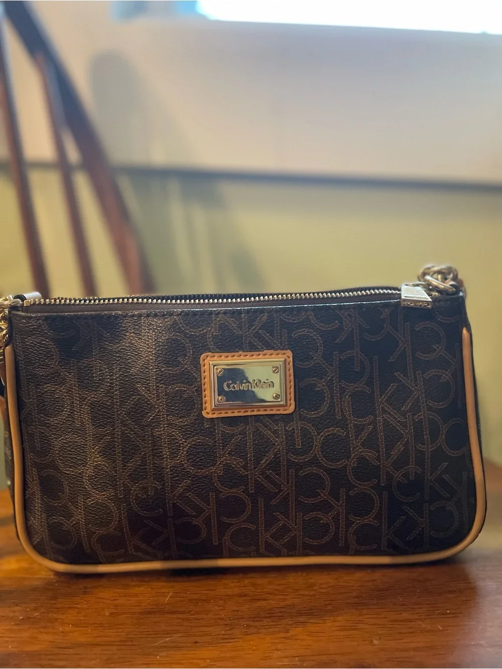 Calvin Klein Black Monogram Wristlet with Tan Trim
